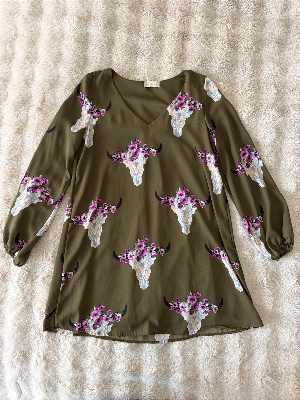 Olive Floral Bull Skull V-Neck Long Sleeve Women's Top